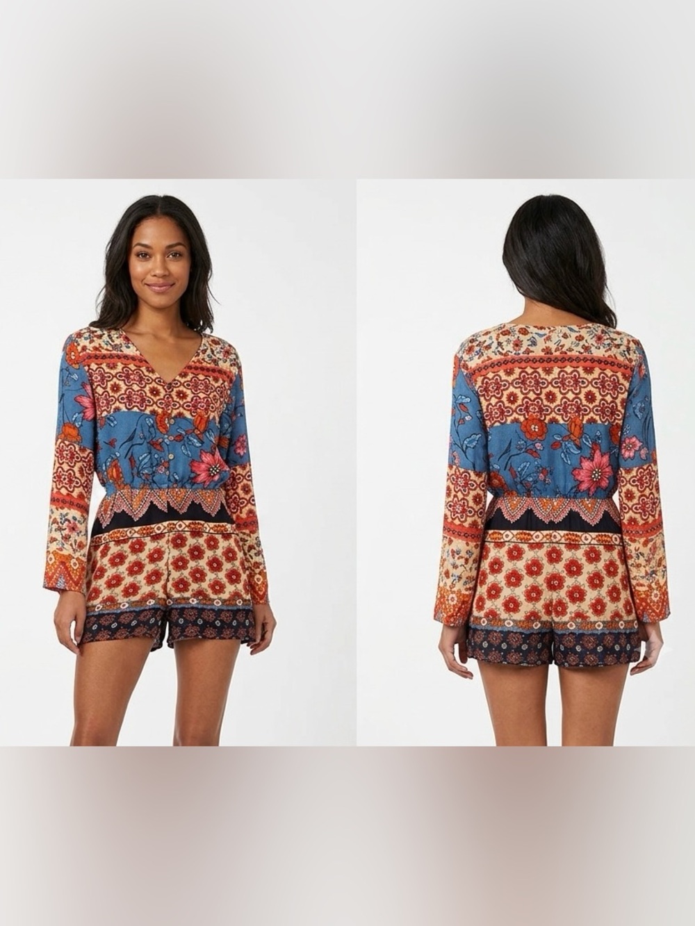 NWT RAGA Boho Romper in Coral, Blue and Rust XS